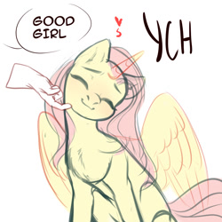 Size: 1500x1500 | Tagged: safe, artist:nika-rain, character:fluttershy, oc, species:pegasus, species:pony, g4, chin scratch, commission, cute, eyes closed, female, floating heart, good girl, hand, heart, smiling, solo, ych example, ych sketch, your character here
