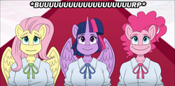 Size: 1768x875 | Tagged: safe, artist:atariboy2600, character:fluttershy, character:pinkie pie, character:twilight sparkle, character:twilight sparkle (alicorn), species:alicorn, species:anthro, species:earth pony, species:pegasus, species:pony, comic:my little toyetic, g4, burp, clothing, comic, female, horn, indoors, looking up, smiling, spread wings, suggestive series, wings