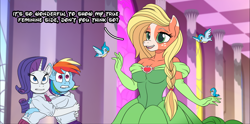 Size: 1768x875 | Tagged: safe, artist:atariboy2600, character:applejack, character:rainbow dash, character:rarity, species:anthro, species:bird, species:earth pony, species:pegasus, species:pony, species:unicorn, comic:my little toyetic, g4, g5 leak, alternate hairstyle, applejack (g5), breasts, busty applejack, clothing, comic, dress, evening gloves, female, freckles, gloves, hug, indoors, lip bite, long gloves, open mouth, scared, suggestive series, talking, tomboy taming, transformation