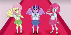Size: 1768x875 | Tagged: safe, alternate version, artist:atariboy2600, character:fluttershy, character:pinkie pie, character:twilight sparkle, character:twilight sparkle (alicorn), species:alicorn, species:anthro, species:earth pony, species:pegasus, species:pony, comic:my little toyetic, g4, blep, clothing, comic, female, hands together, horn, indoors, looking up, pencil, shoes, skirt, smiling, spread wings, suggestive series, textless version, tongue out, wings