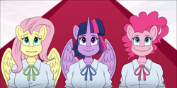 Size: 1768x875 | Tagged: safe, alternate version, artist:atariboy2600, character:fluttershy, character:pinkie pie, character:twilight sparkle, character:twilight sparkle (alicorn), species:alicorn, species:anthro, species:earth pony, species:pegasus, species:pony, comic:my little toyetic, g4, burp, clothing, comic, female, horn, indoors, looking up, smiling, spread wings, suggestive series, textless version, wings