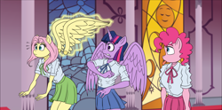 Size: 1768x875 | Tagged: safe, alternate version, artist:atariboy2600, character:fluttershy, character:pinkie pie, character:twilight sparkle, character:twilight sparkle (alicorn), species:alicorn, species:anthro, species:earth pony, species:pegasus, species:pony, comic:my little toyetic, g4, amputation, blep, clothing, comic, detachable wings, female, horn, indoors, magic, modular, skirt, suggestive series, surprised, telekinesis, textless version, tongue out, wide eyes