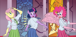 Size: 1768x875 | Tagged: safe, alternate version, artist:atariboy2600, character:fluttershy, character:pinkie pie, species:anthro, species:earth pony, species:pegasus, species:pony, comic:my little toyetic, g4, blep, clothing, comic, earth pony twilight, female, horn, indoors, looking back, looking up, missing horn, modular, open mouth, pegasus pinkie pie, race swap, skirt, smiling, suggestive series, surprised, textless version, tongue out, unicorn fluttershy, wide eyes, wingless