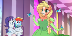 Size: 1768x875 | Tagged: safe, alternate version, artist:atariboy2600, character:applejack, character:rainbow dash, character:rarity, species:anthro, species:bird, species:earth pony, species:pegasus, species:pony, species:unicorn, comic:my little toyetic, g4, g5 leak, alternate hairstyle, applejack (g5), breasts, busty applejack, clothing, comic, dress, evening gloves, female, freckles, gloves, hug, indoors, jesus christ how horrifying, lip bite, long gloves, open mouth, scared, suggestive series, textless version, tomboy taming, transformation