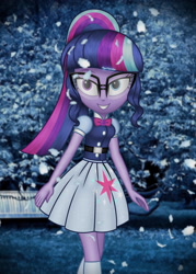 Size: 2500x3500 | Tagged: safe, artist:aryatheeditor, character:twilight sparkle, character:twilight sparkle (scitwi), species:eqg human, g4, my little pony:equestria girls, beautiful, beautiful eyes, beautiful hair, belt, bench, blouse, bow tie, clothing, cutie mark, cutie mark on clothes, digital art, dress, element of magic, female, forest, geode of telekinesis, glasses, grin, heterochromia, jewelry, leaves, looking at you, magical geodes, nerd, night, outfit, pendant, photo, powerful sparkle, relaxed, skirt, smiling, socks, solo, sparkles, tree