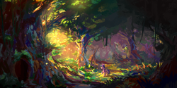 Size: 1440x720 | Tagged: safe, artist:plainoasis, character:twilight sparkle, species:pony, g4, forest, scenery, scenery porn, solo, sunlight, tree, vine