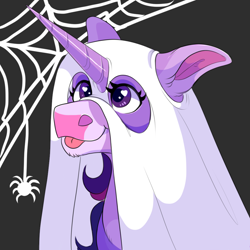 Size: 1000x1000 | Tagged: safe, artist:uunicornicc, character:twilight sparkle, species:pony, g4, clothing, costume, cute, female, ghost costume, halloween, halloween costume, heart eyes, holiday, mare, solo, spider, spider web, tongue out, twiabetes, wingding eyes