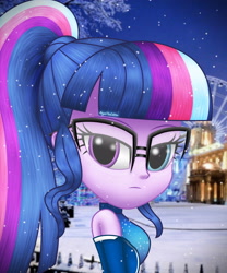Size: 3000x3600 | Tagged: safe, artist:aryatheeditor, character:twilight sparkle, character:twilight sparkle (scitwi), species:eqg human, g4, my little pony:equestria girls, accessories, bare shoulders, beautiful, bedroom eyes, breasts, bust, clothing, cutie mark, cutie mark background, digital art, dress, element of magic, female, geode of telekinesis, glasses, heterochromia, jacket, looking at you, magical geodes, nerd, outfit, photo, powerful sparkle, sleeveless, snow, snowflake, solo, winter
