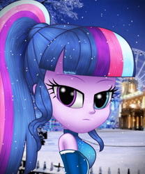 Size: 3000x3600 | Tagged: safe, alternate version, artist:aryatheeditor, character:twilight sparkle, character:twilight sparkle (scitwi), species:eqg human, g4, my little pony:equestria girls, accessories, bare shoulders, beautiful, bedroom eyes, breasts, bust, clothing, cutie mark, cutie mark background, digital art, dress, element of magic, female, geode of telekinesis, glasses, glasses off, heterochromia, jacket, looking at you, magical geodes, missing accessory, nerd, outfit, photo, powerful sparkle, sleeveless, snow, snowflake, solo, twilight is not amused, unamused, winter