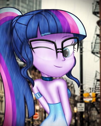 Size: 2000x2500 | Tagged: safe, alternate version, artist:aryatheeditor, character:twilight sparkle, character:twilight sparkle (scitwi), species:eqg human, g4, my little pony:equestria girls, accessories, bare shoulders, beautiful, bedroom eyes, breasts, bust, clothing, cloud, cloudy, digital art, dress, element of magic, female, geode of telekinesis, glasses, heterochromia, looking at you, looking back, looking back at you, magical geodes, nerd, one eye closed, outfit, photo, powerful sparkle, rain, sexy, shiny, sleeveless, solo, wink, winking at you