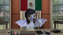 Size: 1280x720 | Tagged: safe, artist:batponyecho, oc, oc only, oc:mitzy, species:bat pony, species:pony, g4, 3d, bat pony oc, bat wings, book, chair, cigar, fangs, female, lawn mower, looking at you, mare, mexican flag, mexico, office, open smile, president, sitting, smiling, smiling at you, solo, source filmmaker, spread wings, table, window, wings