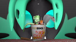 Size: 1280x720 | Tagged: safe, artist:batponyecho, oc, oc only, oc:mint chisel, oc:speculo, species:changeling, species:pony, g4, 3d, changeling oc, cup, cup noodles, cup of pony, fork, green changeling, holes, instant noodles, macro, micro, monster pony, original species, size difference, source filmmaker, spread wings, tatzlpony, wings