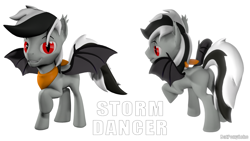 Size: 1280x720 | Tagged: safe, artist:batponyecho, oc, oc only, oc:storm dancer, species:bat pony, species:pony, g4, 3d, bandana, bat pony oc, bat wings, butt, looking at you, male, plot, raised tail, simple background, smiling, smiling at you, solo, source filmmaker, spread wings, stallion, tail, wings
