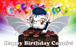 Size: 1280x800 | Tagged: safe, artist:batponyecho, oc, oc only, oc:connie, oc:constella kino, species:bat pony, species:pony, g4, 3d, bat pony oc, bat wings, cake, eating, fangs, female, food, glasses, happy birthday, looking at you, mare, portal (valve), smiling, smiling at you, solo, source filmmaker, spread wings, the cake is a lie, wings