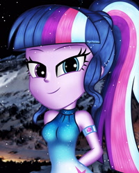 Size: 2000x2500 | Tagged: safe, alternate version, artist:aryatheeditor, character:twilight sparkle, character:twilight sparkle (scitwi), species:eqg human, g4, my little pony:equestria girls, accessories, bare shoulders, beautiful, bedroom eyes, breasts, bust, clothing, cutie mark, digital art, dress, element of magic, female, geode of telekinesis, glasses, heterochromia, jewelry, looking at you, looking down, looking down at you, magical geodes, mountain, nerd, night, outfit, pendant, photo, powerful sparkle, sleeveless, sleeveless turtleneck, snow, snowflake, solo, winter