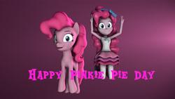Size: 3840x2160 | Tagged: safe, artist:fazbearsparkle, character:pinkie pie, species:earth pony, species:pony, g4, my little pony: equestria girls, my little pony:equestria girls, 3d, duality, grin, human ponidox, joy, jumping, looking at you, pinkie pie day, pinkie pie day 2020, ponidox, self ponidox, smiling, source filmmaker