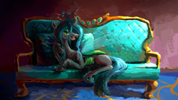 Size: 1281x720 | Tagged: safe, artist:plainoasis, character:queen chrysalis, species:changeling, g4, changeling queen, couch, crown, female, jewelry, looking at you, lying down, open mouth, prone, regalia, solo