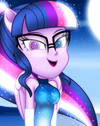 Size: 2000x2500 | Tagged: safe, artist:aryatheeditor, character:twilight sparkle, character:twilight sparkle (scitwi), species:eqg human, g4, my little pony:equestria girls, accessories, bare shoulders, beautiful, bedroom eyes, breasts, bust, clothing, colored pupils, digital art, dress, element of magic, evening gloves, female, geode of telekinesis, glasses, gloves, glow, glowing hair, heterochromia, long gloves, long hair, looking at you, magical geodes, moon, nerd, night, outfit, photo, ponied up, pony ears, powerful sparkle, sleeveless, solo, sparkles, wings
