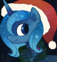 Size: 1200x1312 | Tagged: dead source, safe, artist:moozua, character:princess luna, species:alicorn, species:pony, clothing, female, hat, mare, santa hat, santa woona, scarf, solo, woona