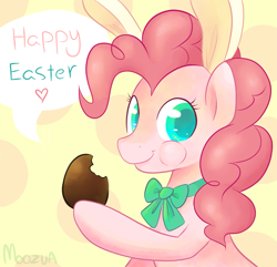 Size: 2141x2068 | Tagged: safe, artist:moozua, character:pinkie pie, species:earth pony, species:pony, bunny ears, candy, colored pupils, costume, dialogue, easter, easter egg, eating, female, mare, solo, speech bubble