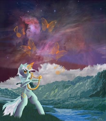 Size: 2932x3328 | Tagged: safe, artist:owlvortex, character:lyra heartstrings, species:pony, species:unicorn, bipedal, female, lyre, magic, music, music notes, night, ocean, scenery, scenery porn, smiling, solo, wave