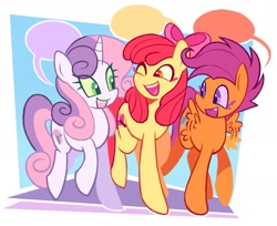Size: 1540x1257 | Tagged: safe, artist:poppyr0ckz, character:apple bloom, character:scootaloo, character:sweetie belle, species:earth pony, species:pegasus, species:pony, species:unicorn, g4, alternate cutie mark, cutie mark crusaders, dialogue, hair bow, one eye closed, speech bubble, trio
