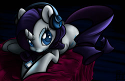 Size: 1024x663 | Tagged: safe, artist:rawrcharlierawr, character:rarity, bed, cute, dark, female, headphones, ipod, looking at you, prone, raribetes, solo