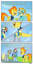 Size: 657x1278 | Tagged: safe, artist:drakxs, character:derpy hooves, character:lightning dust, character:rainbow dash, character:spitfire, species:pegasus, species:pony, episode:wonderbolts academy, clothing, comic, female, mare, scrunchy face, suit, trace, wonderbolt trainee uniform, wonderbolts