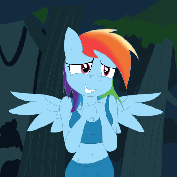 Size: 600x600 | Tagged: safe, artist:tunderi, character:rainbow dash, species:anthro, episode:daring don't, g4, my little pony: friendship is magic, animated, belly button, cleavage, clothing, fangirl, female, midriff, scene interpretation, solo, sports bra, spread wings, wings