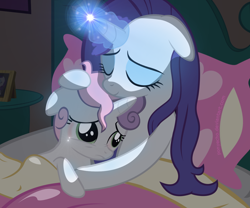 Size: 1200x1000 | Tagged: safe, artist:ponyecho, character:rarity, character:sweetie belle, species:pony, species:unicorn, g4, bed, bed mane, comforting, crying, cute, eyes closed, female, filly, floppy ears, frown, glowing horn, heartwarming, holding, hug, light, magic, mama rarity, mare, nightmare, sad, scared, show accurate, sisters, smiling, sweet dreams fuel