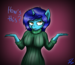 Size: 1075x939 | Tagged: safe, artist:tunderi, oc, oc only, species:anthro, anthro oc, breasts, clothing, female, solo, sweater, turtleneck