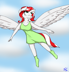 Size: 956x1000 | Tagged: safe, artist:tunderi, oc, oc only, oc:peppermint pattie, species:anthro, anthro oc, clothing, dress, flying, socks, solo