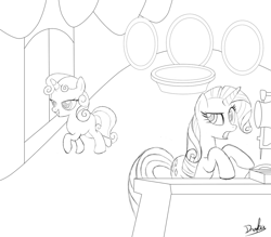 Size: 1280x1120 | Tagged: safe, artist:drakxs, character:rarity, character:sweetie belle, carousel boutique, monochrome, sketch