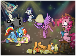 Size: 6538x4796 | Tagged: safe, artist:lostinthetrees, character:applejack, character:dj pon-3, character:fluttershy, character:pinkie pie, character:rainbow dash, character:rarity, character:twilight sparkle, character:twilight sparkle (alicorn), character:vinyl scratch, species:alicorn, species:pony, ship:flutterdash, absurd resolution, alcohol, bedroom eyes, blushing, boop, clothing, cocktail, cuddling, dancing, drink, drinking, drunk, drunk aj, drunk twilight, drunkie pie, eye contact, female, funnel, gritted teeth, hat, lampshade, lampshade hat, lesbian, magic, mane six, mare, mouth hold, noseboop, on back, on top, open mouth, party, selfie, shipping, smiling, snuggling, spread wings, stool, surprised, telekinesis, tongue out, turntable, upside down, wings