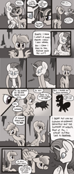 Size: 1280x2984 | Tagged: safe, artist:otterlore, character:rainbow dash, character:rarity, character:twilight sparkle, apology, cave, comic, drider, filly, grayscale, head turn, monochrome, monster pony, original species, scared, species swap, spider, spiderpony, spiderponyrarity, tumblr