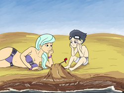 Size: 1463x1097 | Tagged: safe, artist:aa, character:flitter, character:rumble, species:human, ship:flitterumble, beach, belly button, bikini, clothing, cute, female, flag, goggles, humanized, male, sandcastle, shipping, straight, sunscreen, swimsuit