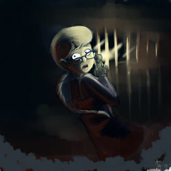 Size: 1400x1400 | Tagged: safe, artist:aa, character:silver spoon, species:human, bars, braid, crossover, female, flashlight (object), glasses, humanized, konami, looking back, older, older silver spoon, scared, silent hill, solo