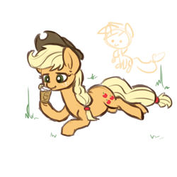 Size: 900x900 | Tagged: safe, artist:otterlore, character:applejack, grass, lying down, simple background, sweet tea, tea, white background