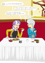 Size: 1000x1400 | Tagged: safe, artist:aa, character:diamond tiara, character:silver spoon, my little pony:equestria girls, chicken nugget, chinese food, chopsticks, costanza face, dialogue, equestria girls outfit, food, hairclip, humanized, ice cream, meat, painting, pepperoni, pepperoni pizza, pizza, restaurant, rice, speech bubble, tablecloth, teacup