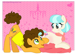 Size: 1280x925 | Tagged: safe, artist:jaquelindreamz, character:cheese sandwich, character:coco pommel, blushing, cheesecoco, coco preggo, crack shipping, cute, eye contact, face down ass up, female, male, pillow, pregnant, prone, shipping, smiling, straight