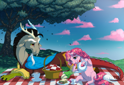 Size: 2149x1482 | Tagged: safe, artist:kittehkatbar, character:discord, character:pinkie pie, species:draconequus, species:earth pony, species:pony, bubble, female, male, mare, picnic, picnic basket, picnic blanket, sandwich, tea, teacup, teapot, tree