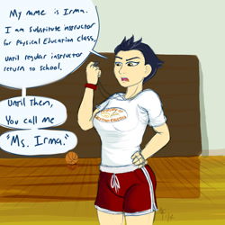 Size: 1400x1400 | Tagged: safe, artist:aa, character:irma, species:griffon, species:human, basketball, big breasts, breasts, clothing, dialogue, female, griffon team, gym uniform, humanized, short hair, shorts, solo, speech bubble, t-shirt, whistle, wristband