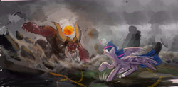 Size: 5807x2863 | Tagged: safe, artist:owlvortex, character:lord tirek, character:twilight sparkle, character:twilight sparkle (alicorn), species:alicorn, species:pony, crying, epic, female, fight, glowing eyes, magic, mare, running, spread wings, super saiyan princess, twilight vs tirek, wings