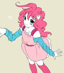 Size: 576x655 | Tagged: safe, artist:pasikon, character:pinkie pie, species:human, blushing, clothing, cute, diapinkes, dress, female, heart, humanized, looking at you, simple background, solo