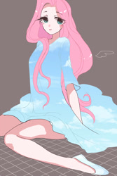 Size: 500x750 | Tagged: safe, artist:pasikon, character:fluttershy, species:human, clothing, dress, female, humanized, sky, solo, surreal