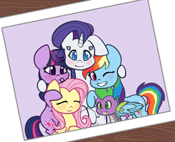 Size: 1280x1040 | Tagged: safe, artist:otterlore, character:fluttershy, character:rainbow dash, character:rarity, character:spike, character:twilight sparkle, blep, cute, drider, eyes closed, group photo, monster pony, original species, photo, smiling, species swap, spider, spiderpony, spiderponyrarity, tongue out, tumblr