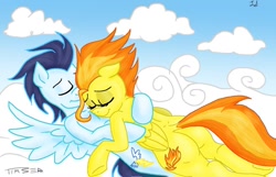 Size: 1024x658 | Tagged: safe, artist:pluckyninja, character:soarin', character:spitfire, ship:soarinfire, cloud, cloudy, colored, cuddling, female, male, old cutie mark, plot, semi-anthro, shipping, sleeping, snuggling, spread wings, straight, stupid sexy spitfire, wings