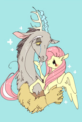 Size: 500x739 | Tagged: safe, artist:pasikon, character:discord, character:fluttershy, species:draconequus, species:pegasus, species:pony, ship:discoshy, comforting, crying, cute, discute, female, hug, male, sad, shipping, shyabetes, straight