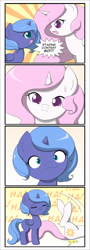 Size: 700x1950 | Tagged: safe, artist:jdan-s, character:princess celestia, character:princess luna, 4koma, :3, catface, cewestia, colored pupils, comic, cross-eyed, cute, cutelestia, filly, funny face, laughing, lunabetes, scrunchy face, staring contest, woona, younger