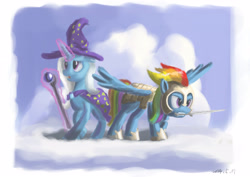 Size: 3508x2480 | Tagged: safe, artist:plainoasis, character:rainbow dash, character:trixie, armor, cloud, cloudy, gritted teeth, magic, scepter